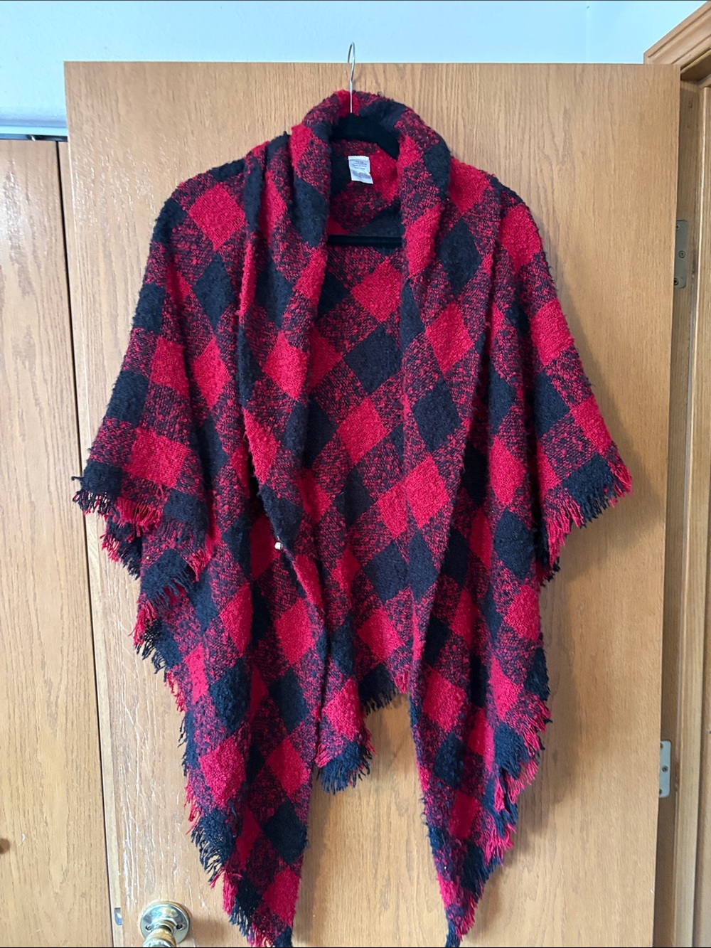 Buffalo Plaid Red & Black Fringe Poncho Jacket